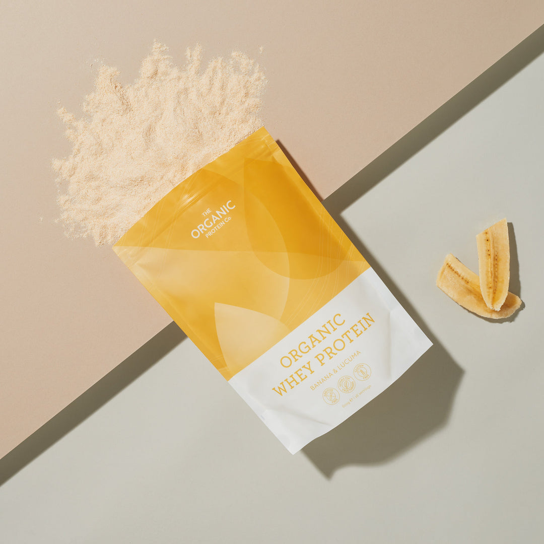 Organic Whey Protein Powder Banana & Lucuma. Whole Banana and spilt protein powder.