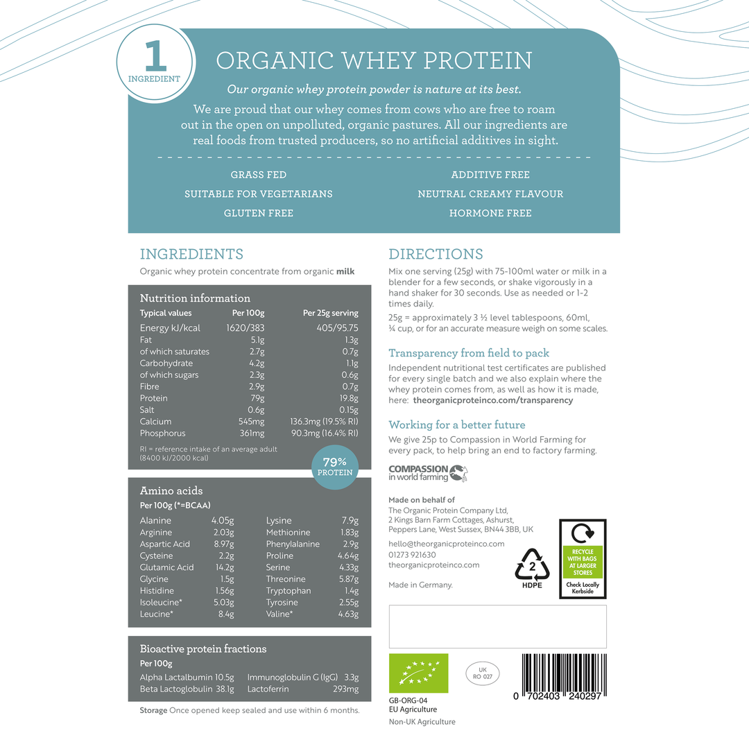 Organic Whey Protein Powder - Pure Unflavoured. Back Label.