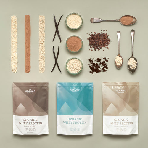 A flat lay of The Organic Protein Co.'s whey protein powders and their ingredients