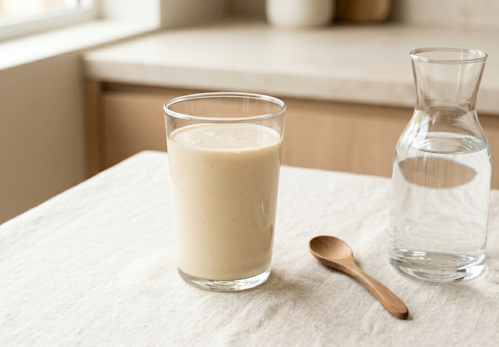 A clear glass filled smoothly mixed protein shake