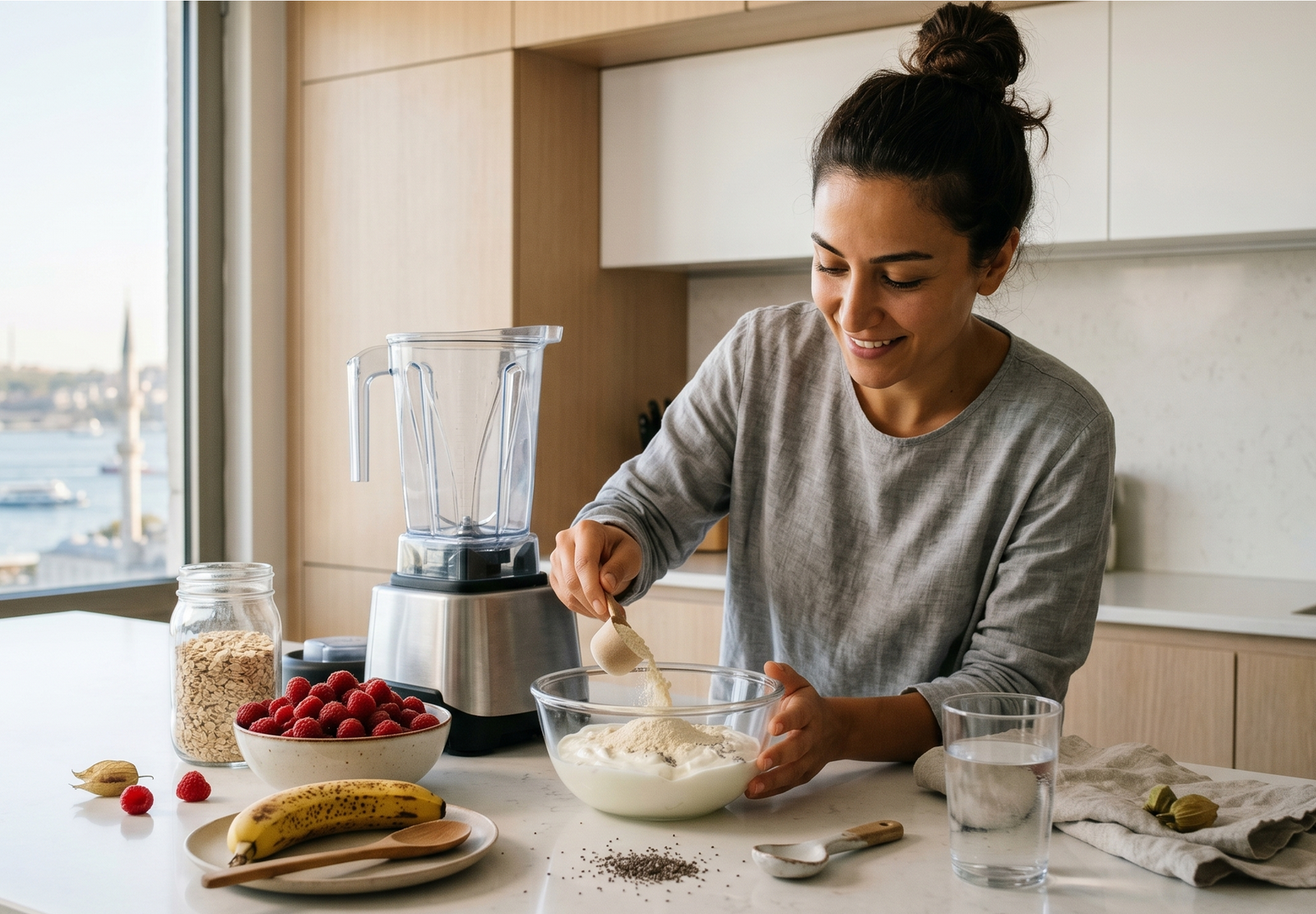 A  person in a kitchen preparing a healthy breakfast and adding a scoop of protein powder 