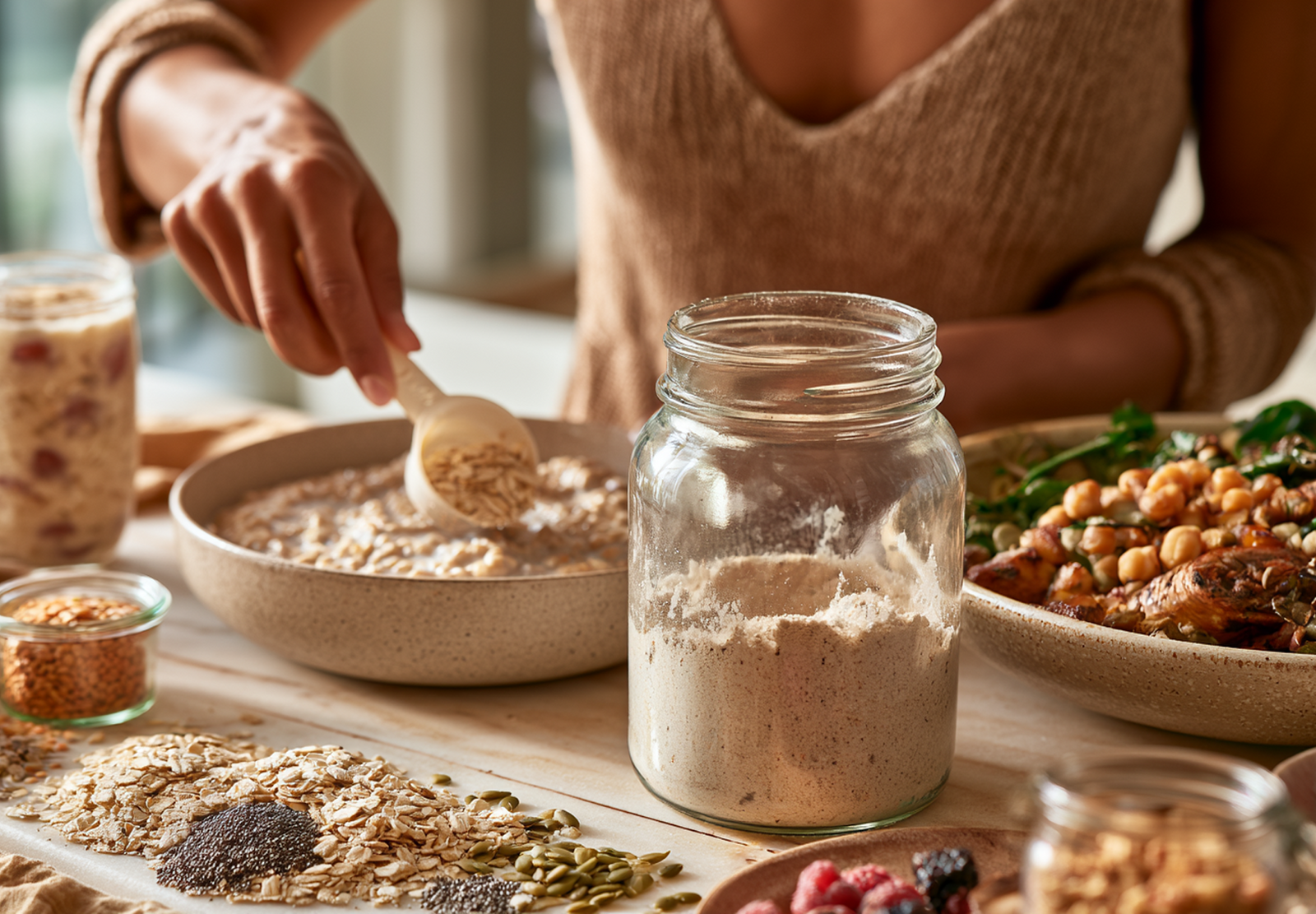 A person preparing a bowl of protein oats with a scoop of protein powder.