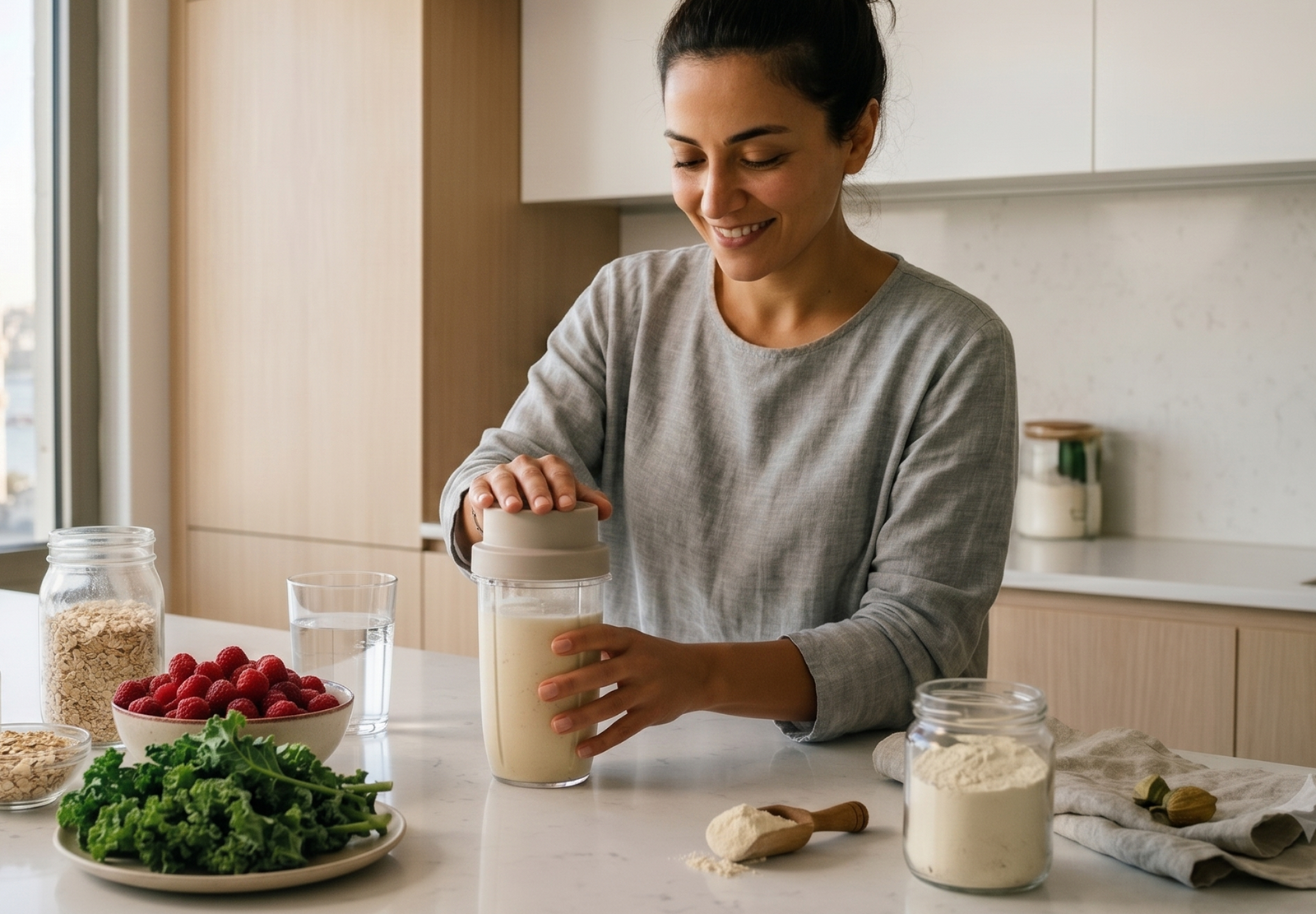 A person preparing a simple protein shake with whole-food ingredients