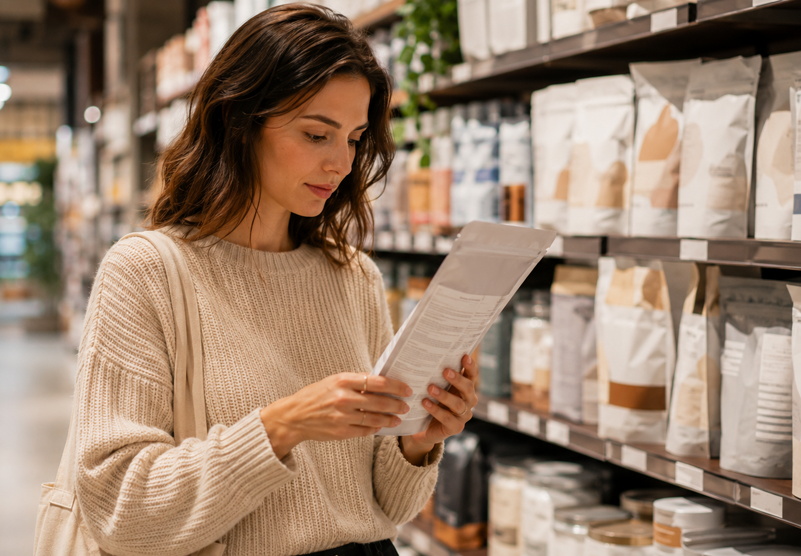A person reading the ingredient label on a protein powder pouch