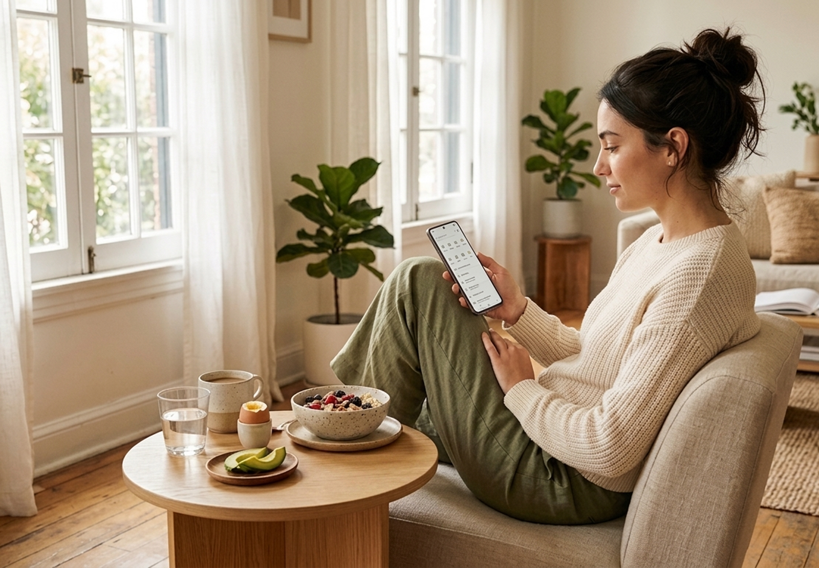 A person sitting in a bright, living room with a simple breakfast on a table
