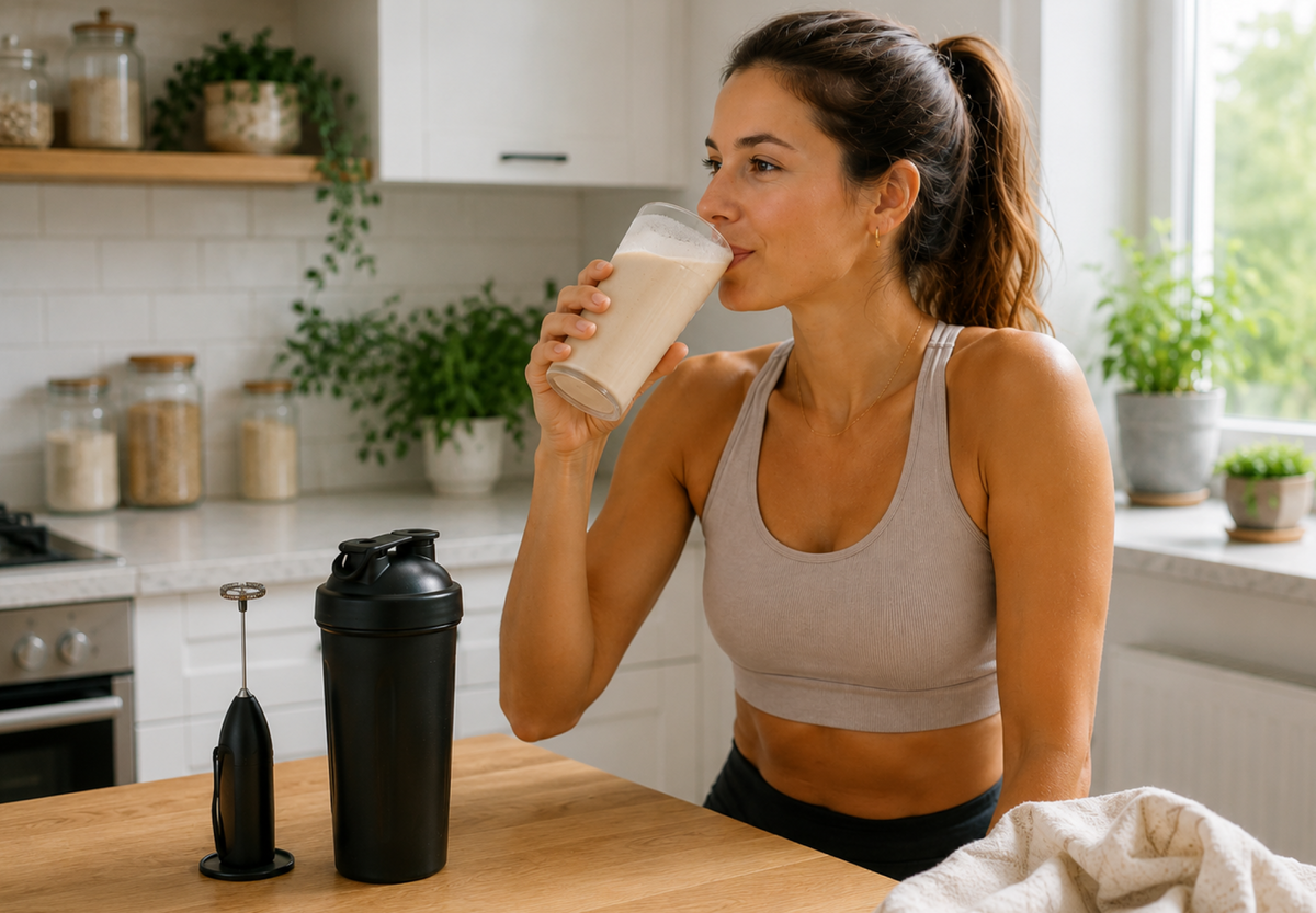 A person enjoying a freshly mixed protein shake