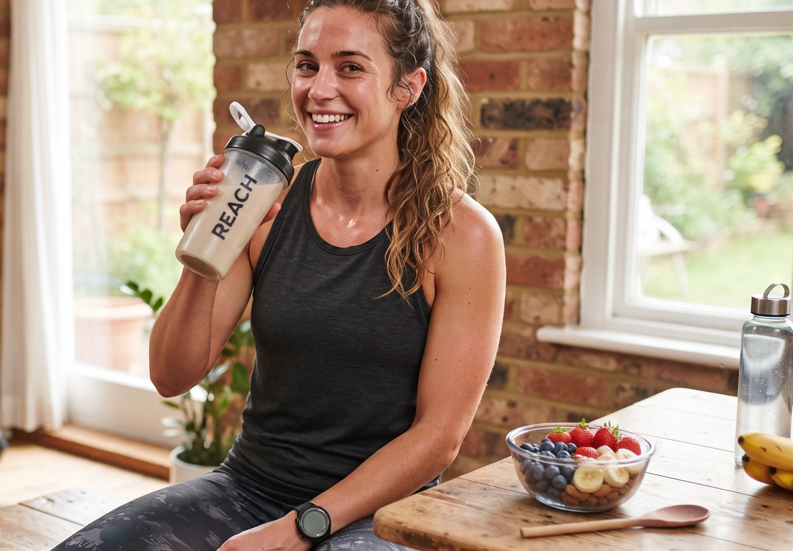 Person enjoying a protein shake comfortably after an exercise with fresh whole-food ingredients nearby