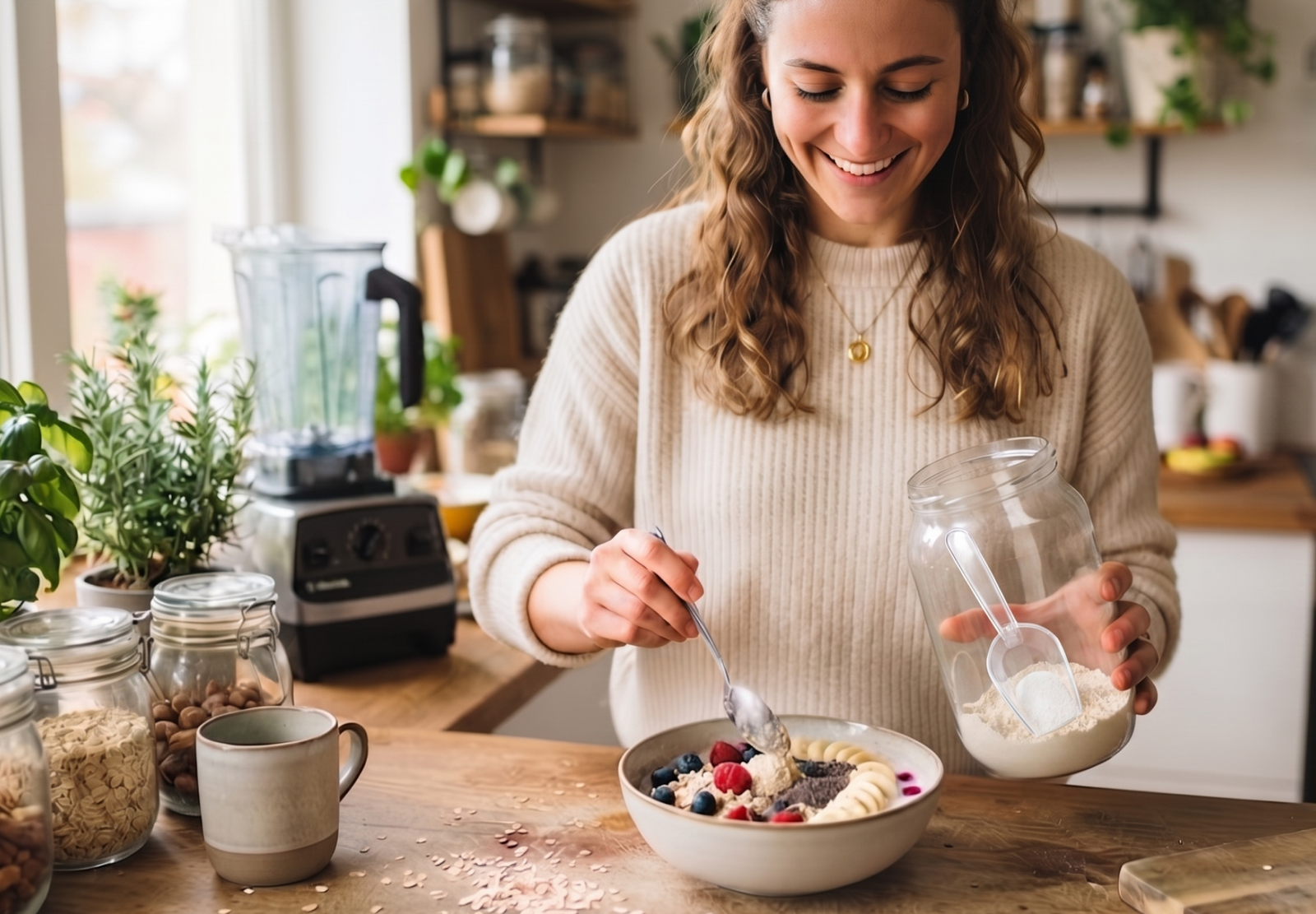 Person holding a clean-label protein pouch while preparing a healthy breakfast.