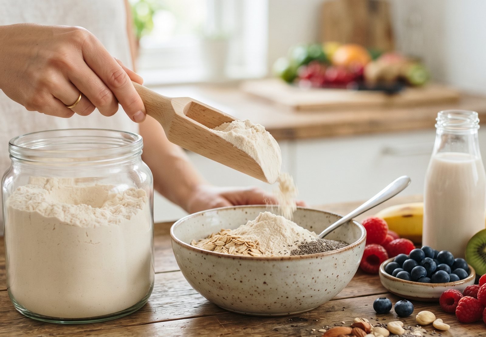 Hand scooping protein powder beside fresh whole foods