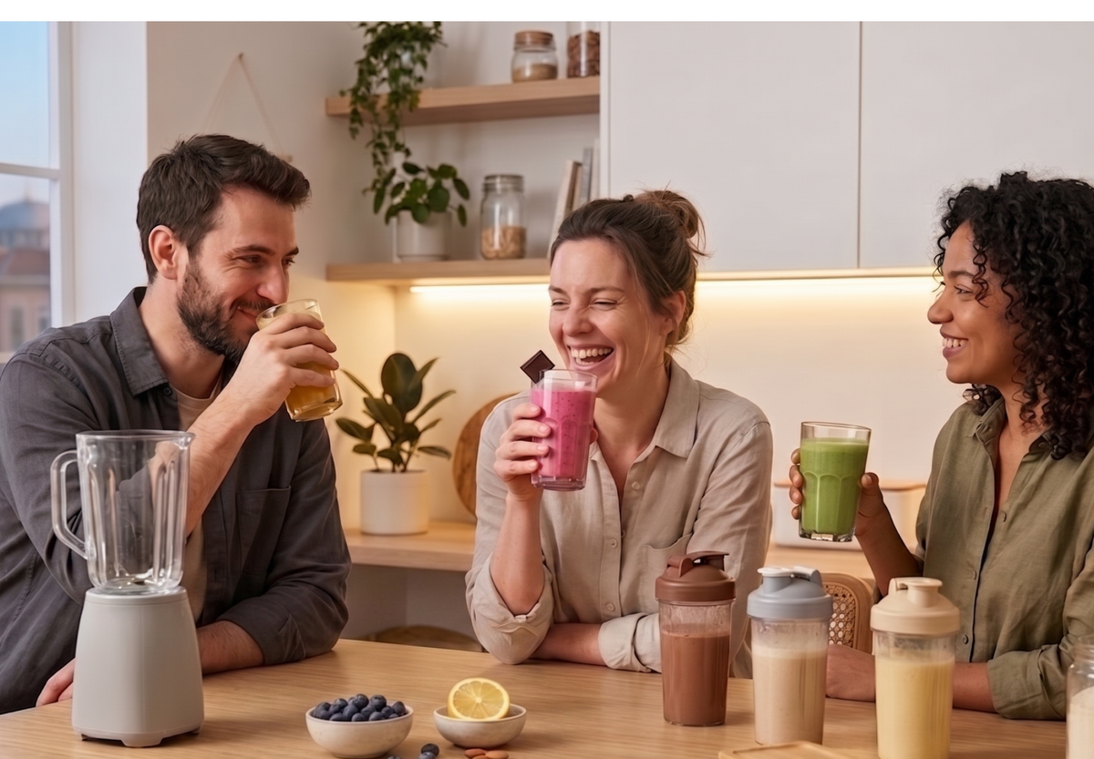 friends drinking flavoured protein shakes