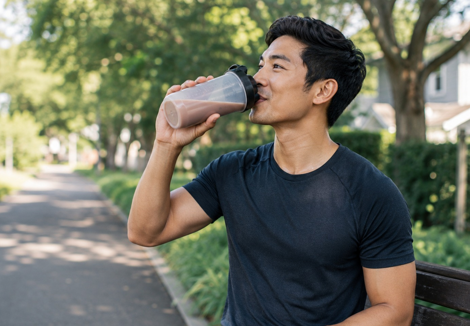 Active adult enjoying a protein shake after a walk
