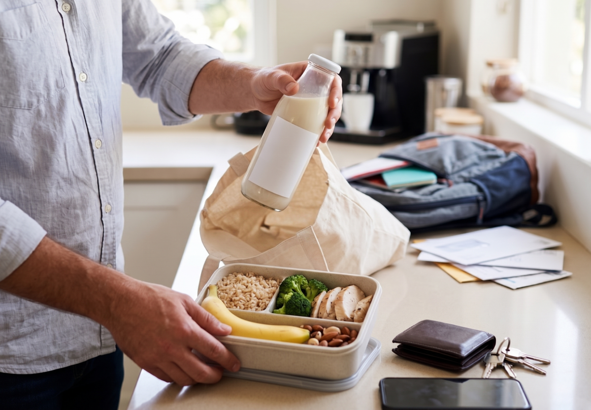 A person packing a whole-food lunch and a simple protein shake to their bag