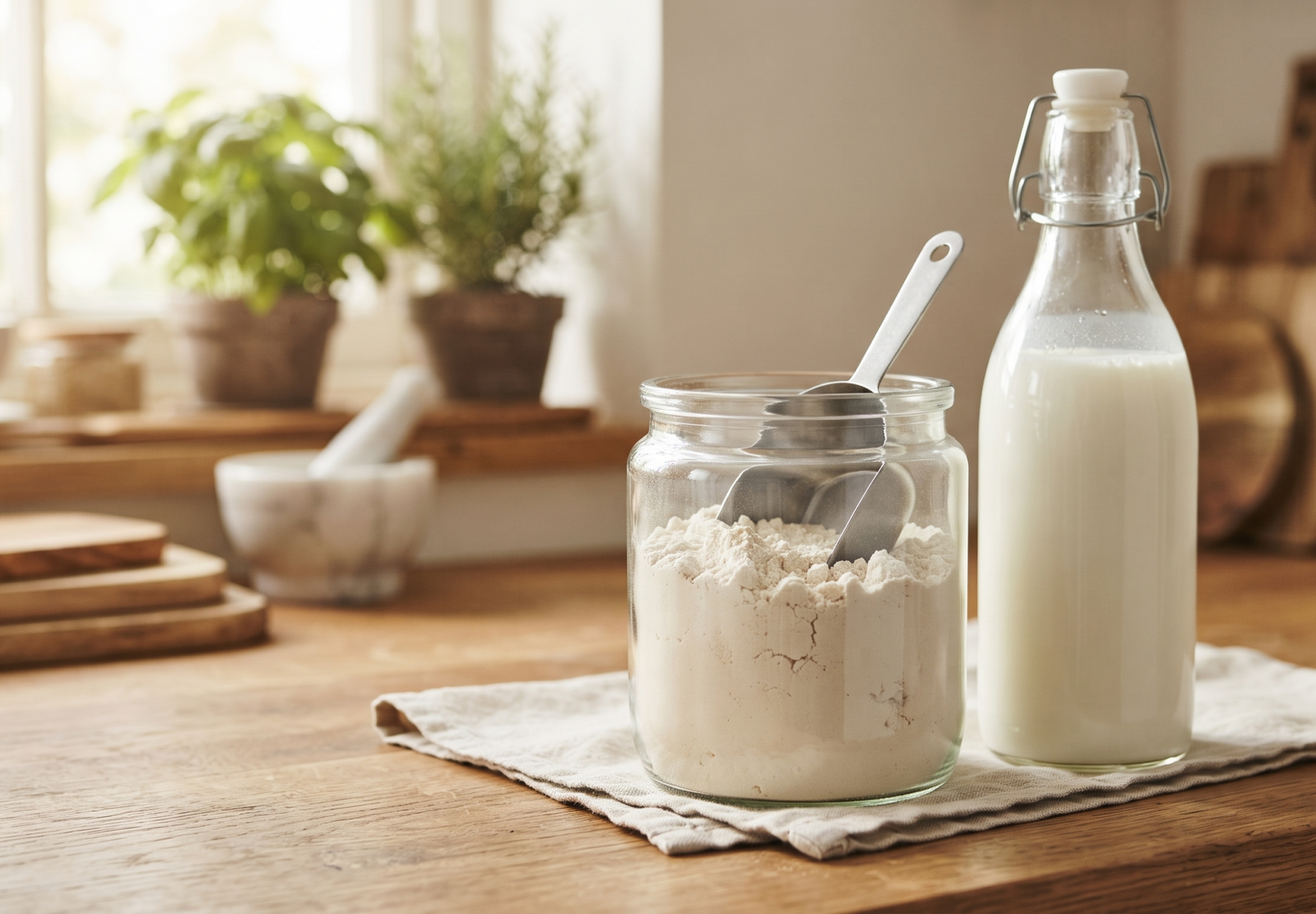 Whey protein beside fresh milk in a kitchen