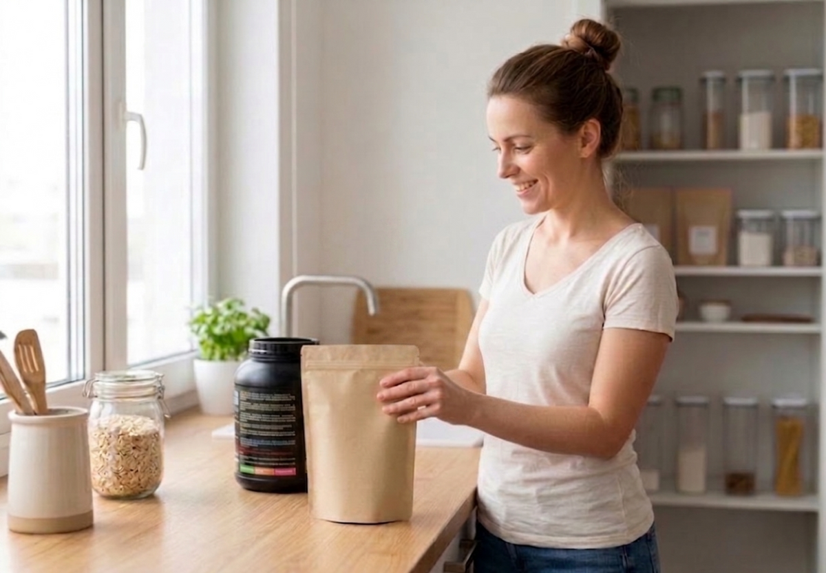 A person replacing a heavily formulated protein powder to a simpler alternative