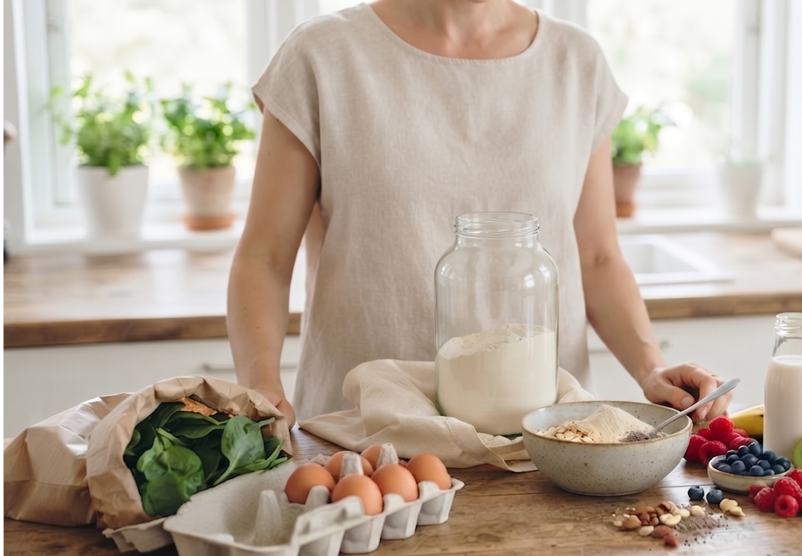 Fresh whole foods and protein powder in a kitchen countertop