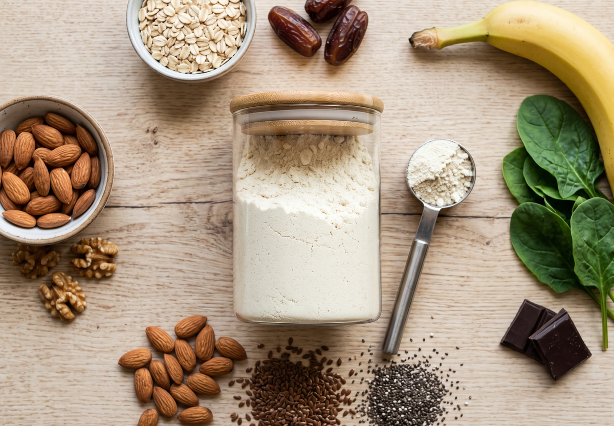 A  jar of protein powder, a reusable scoop and whole food ingredients