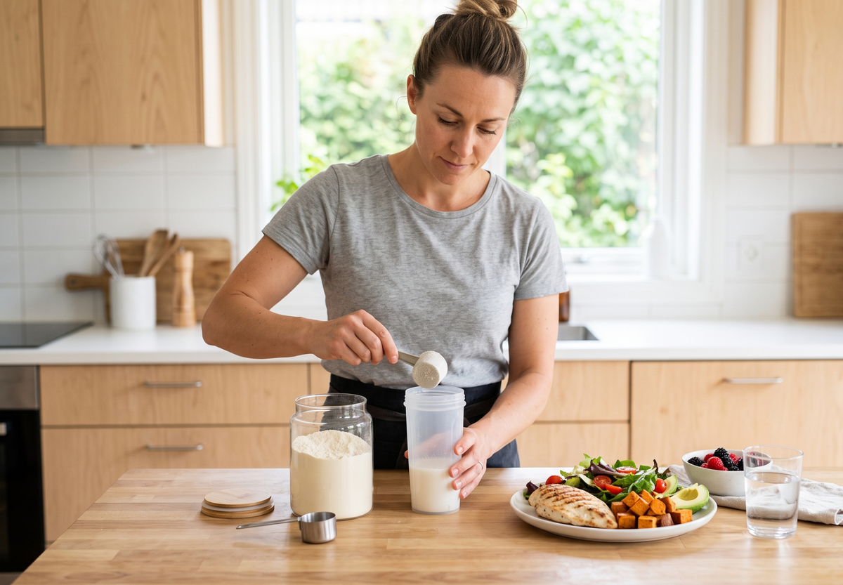 An adult preparing a simple protein shake in a kitchen