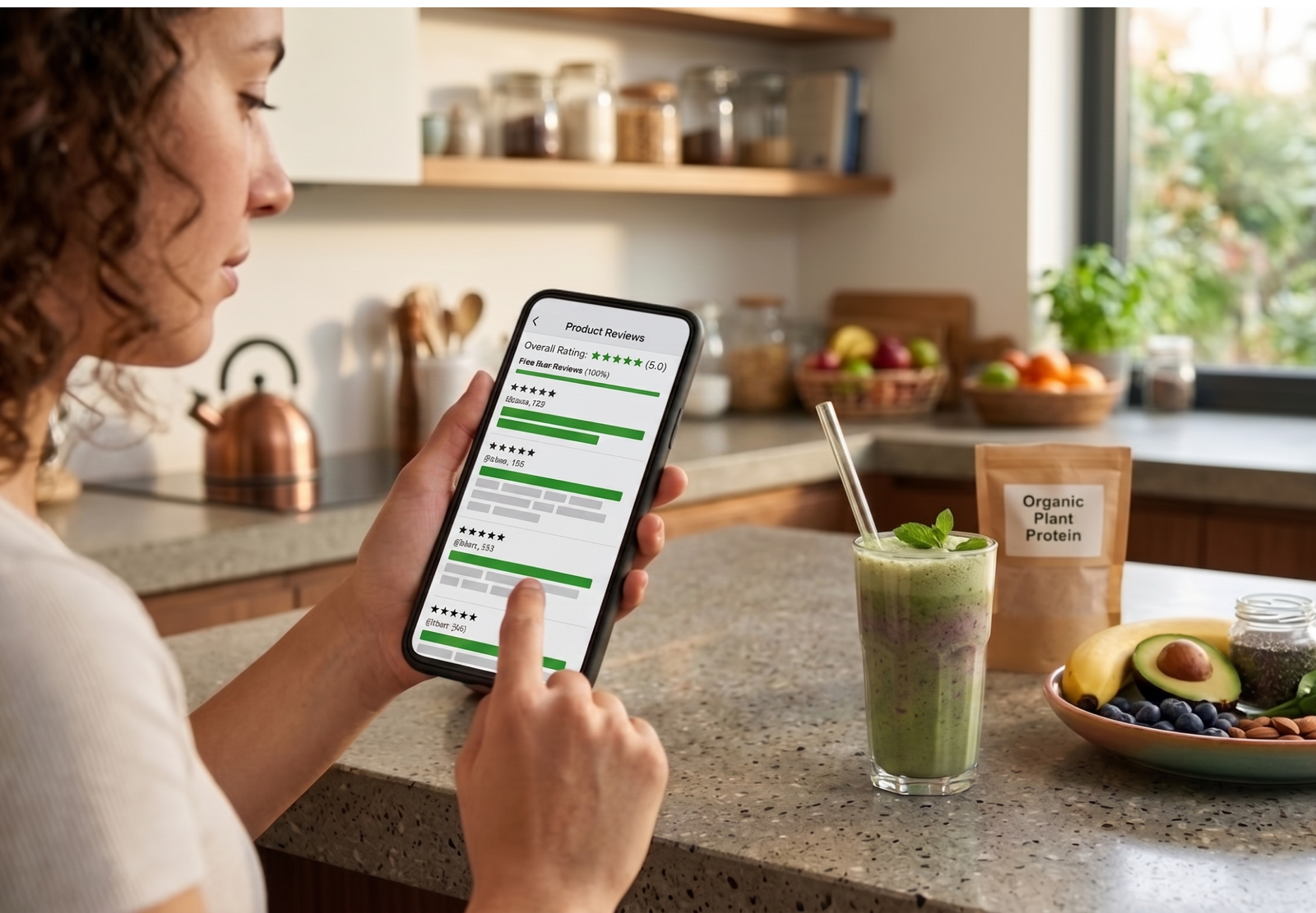 Woman checking product reviews on a smartphone