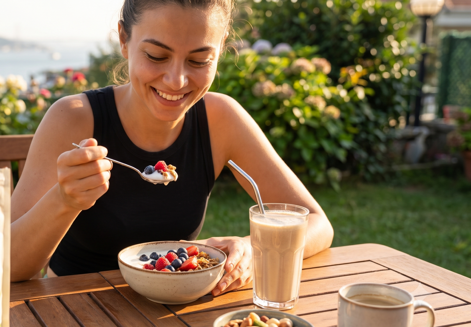 Person enjoying breakfast outdoor