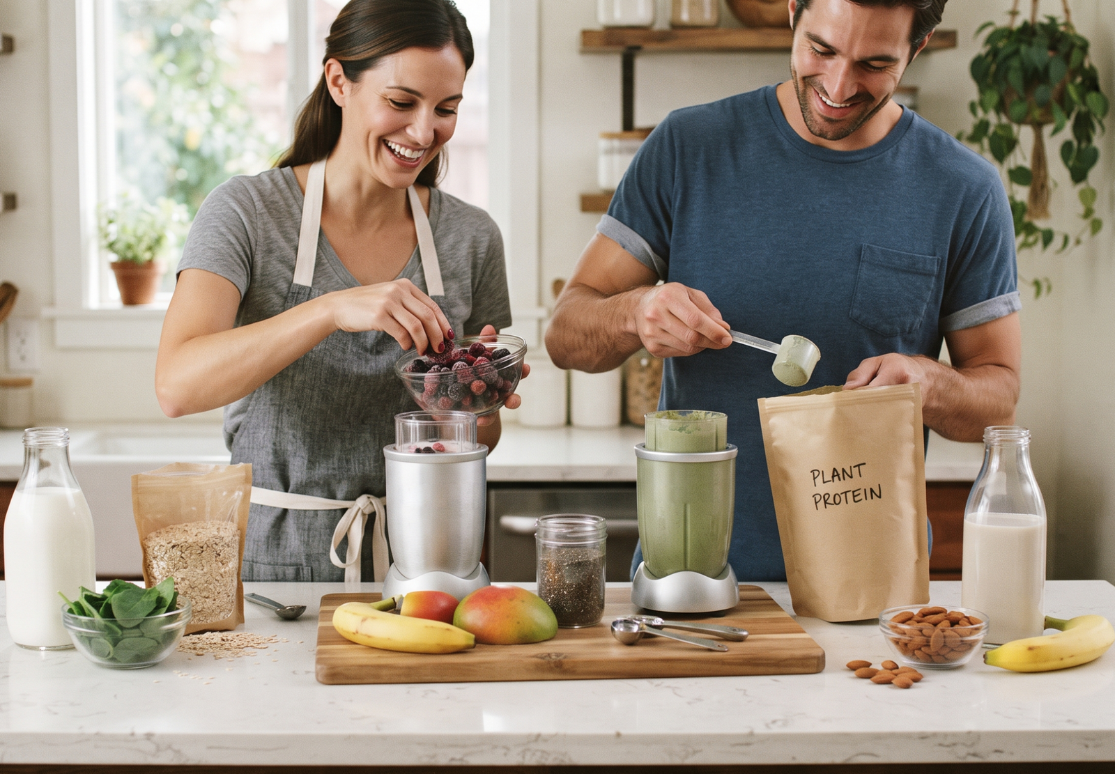 Two people preparing different protein shakes side by side