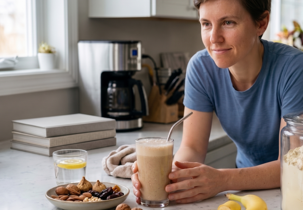 A relaxed person with a  mixed protein shake