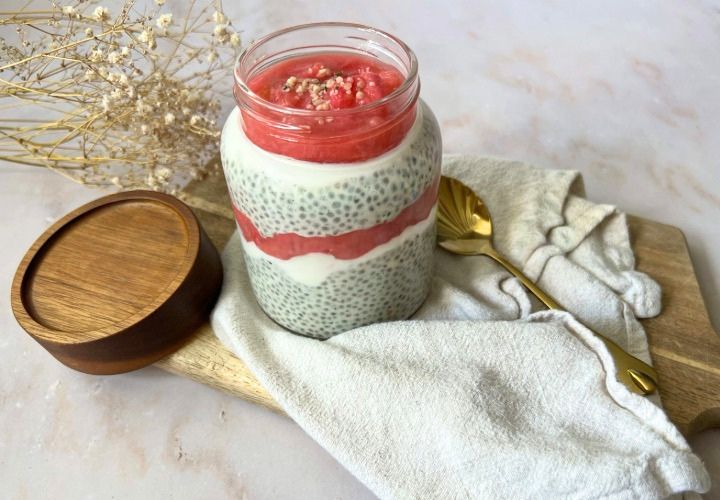 Vanilla Protein Chia Pudding with Ginger Rhubarb