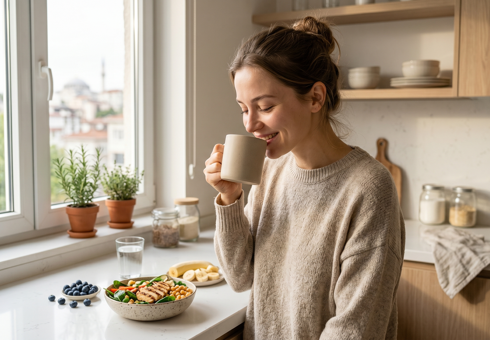 a person holding a mug filled with a smooth protein shake