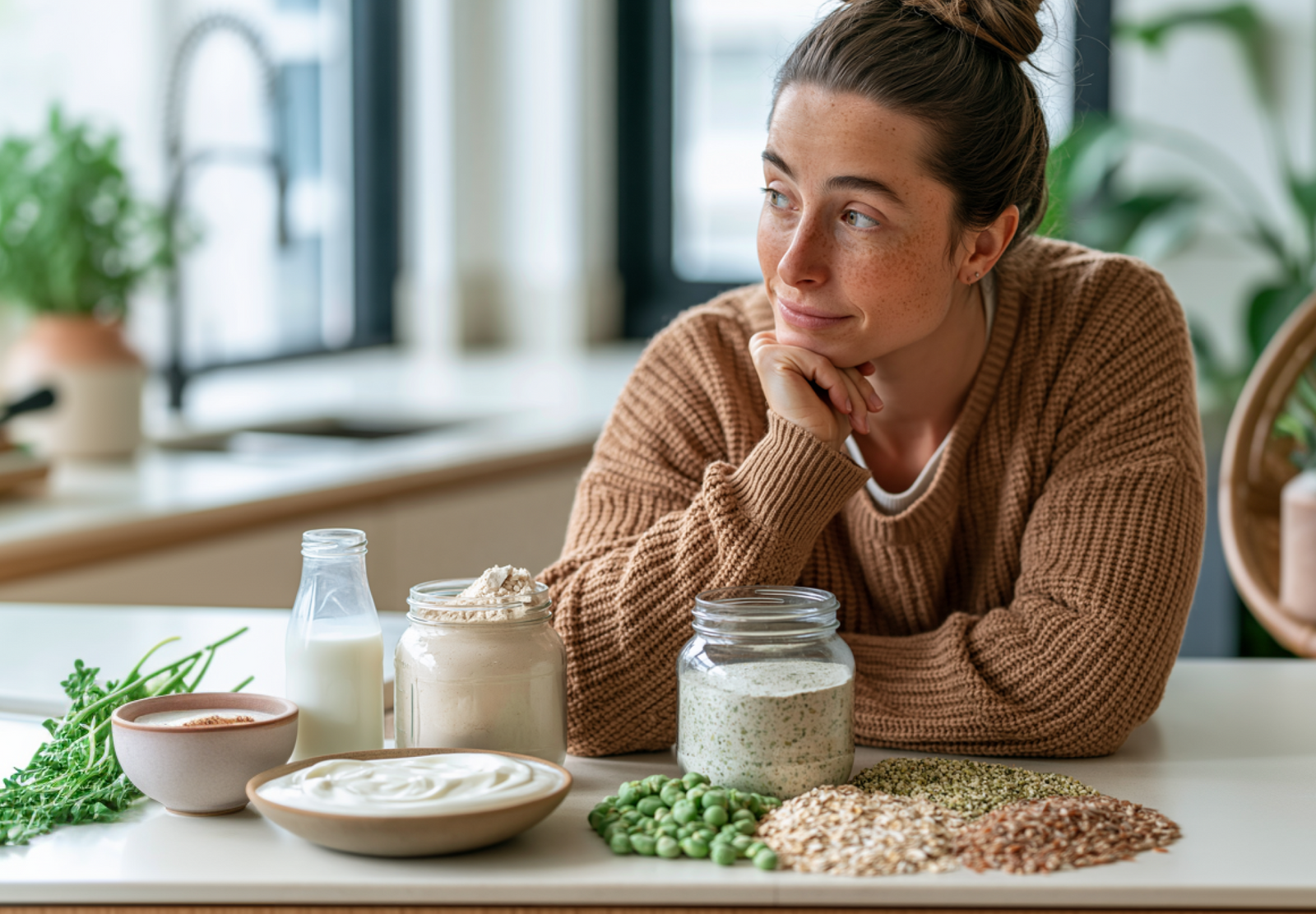 A woman leans thoughtfully over kitchen island looking at two protein options