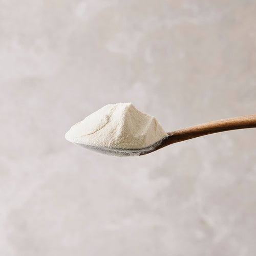 A spoon with a heap of whey protein powder on it