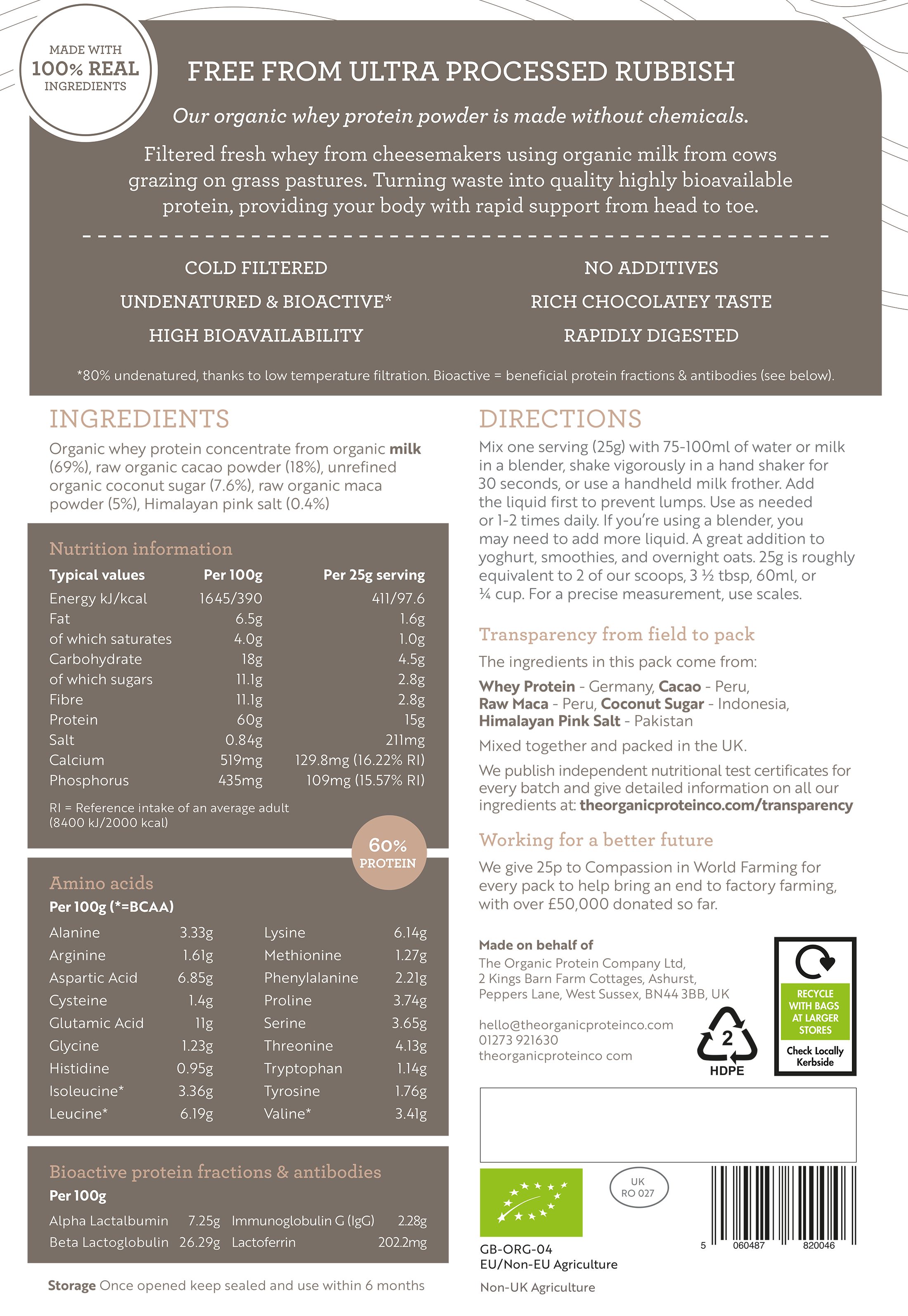 Organic Whey Protein Powder - Raw Cacao & Maca (Chocolate). Back Label. Ingredients and directions.