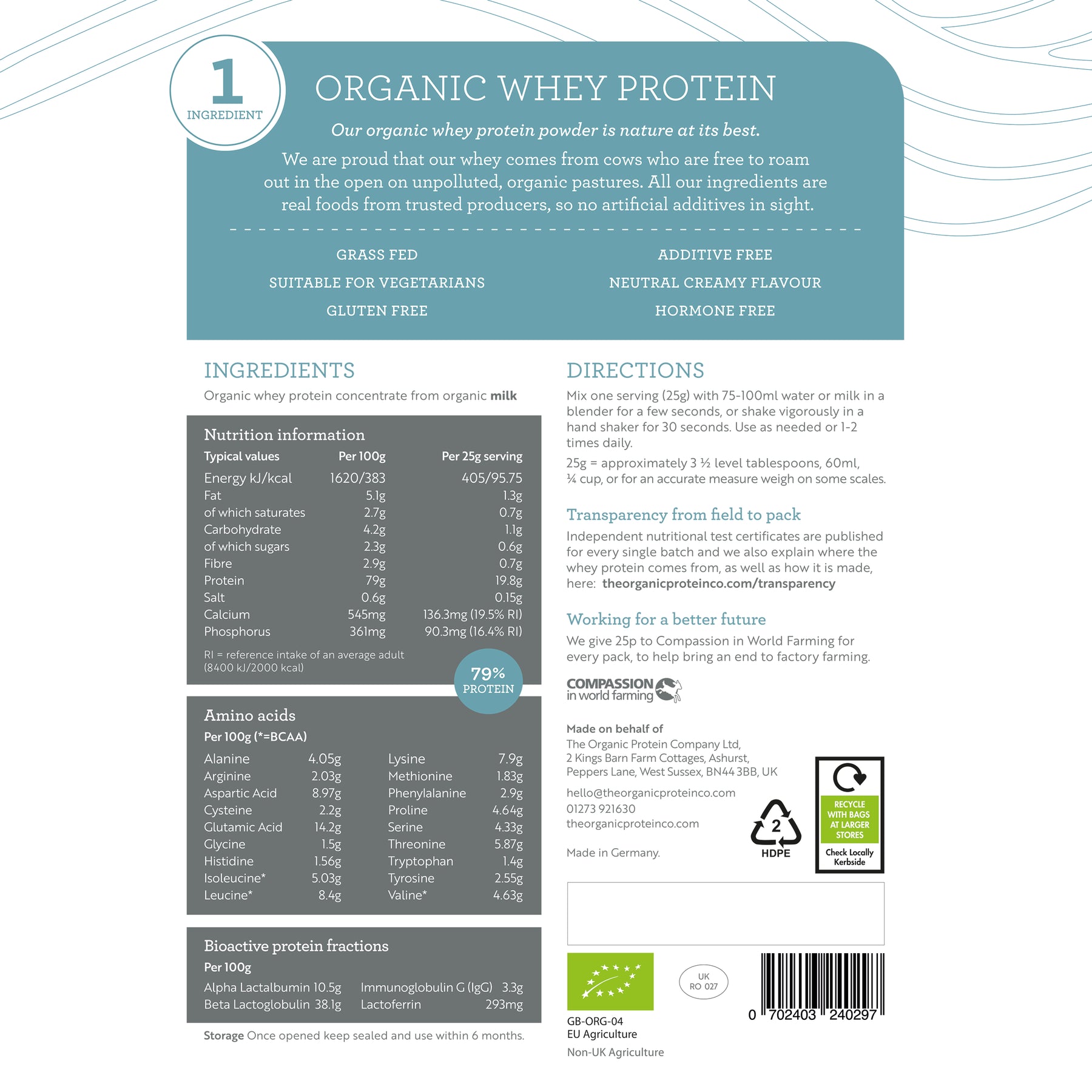 Organic Whey Protein Powder, Grass Fed The Organic Protein Co. The