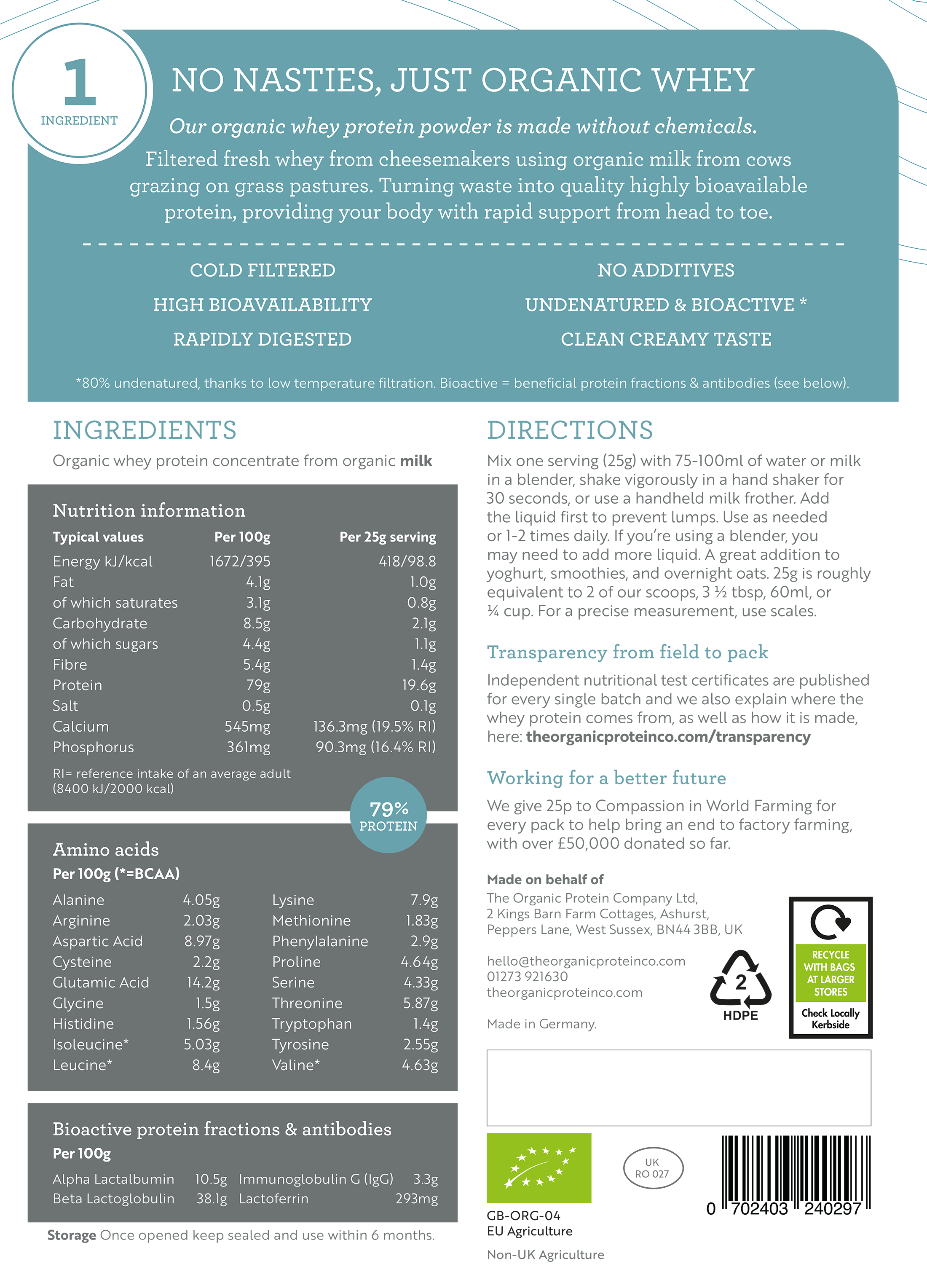 Organic Whey Protein Powder - Pure Unflavoured. Back of pack details, ingredients and directions for use.